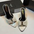 Saint Laurent Babylone stiletto mules, crafted from white gathered leather and highlighted with a gold-tone