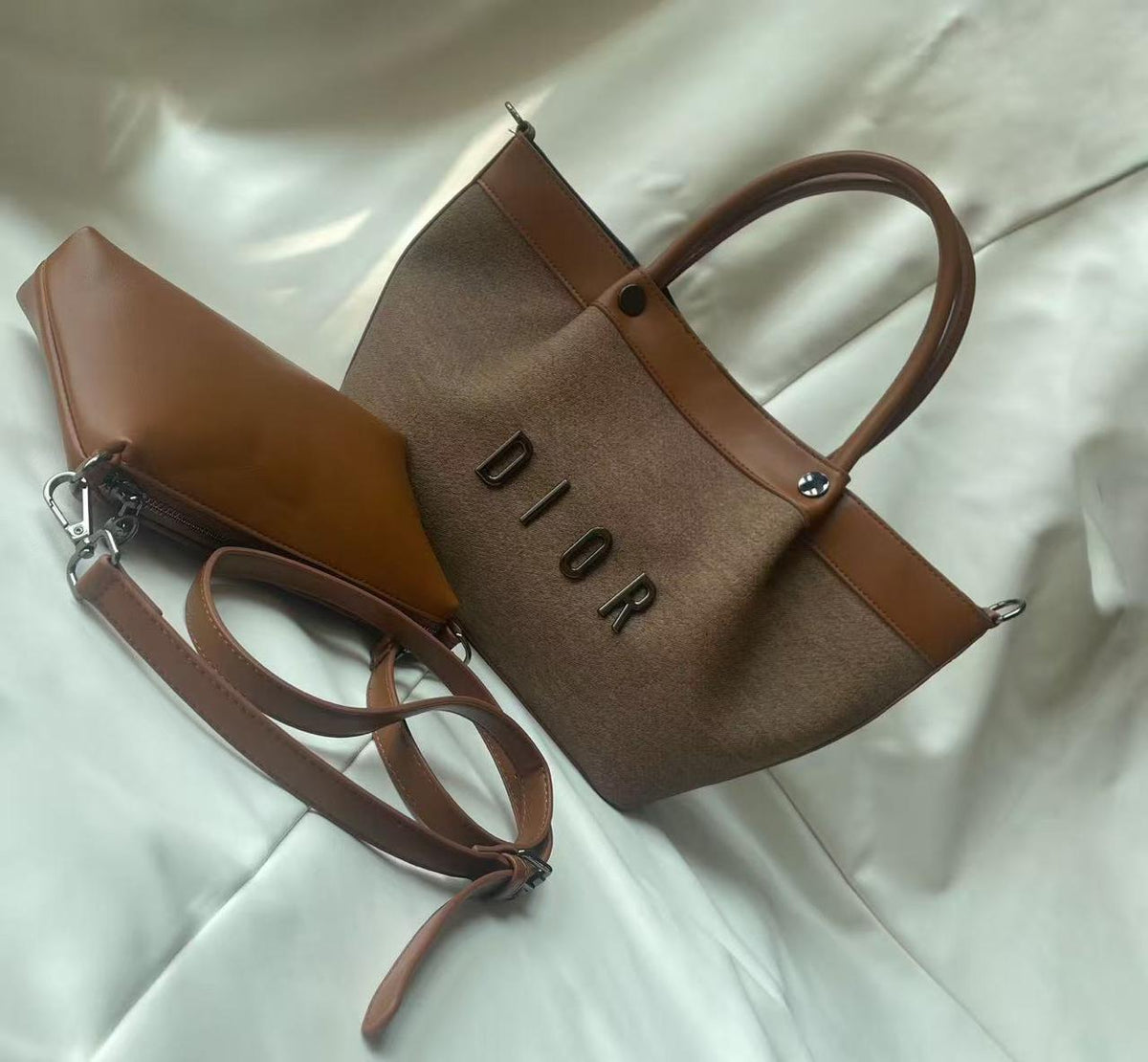 Christian Dior brown felt and leather tote bag