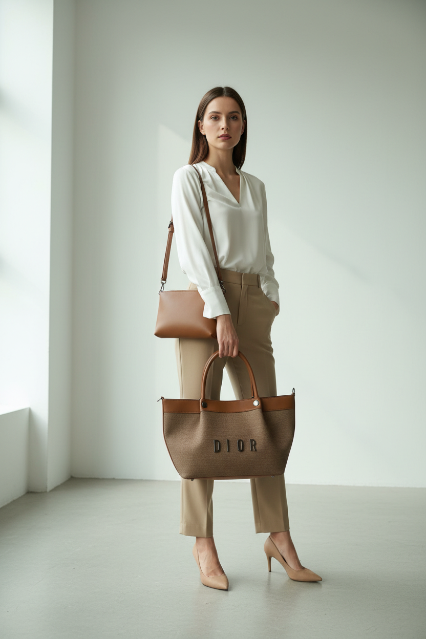 Christian Dior brown felt and leather tote bag