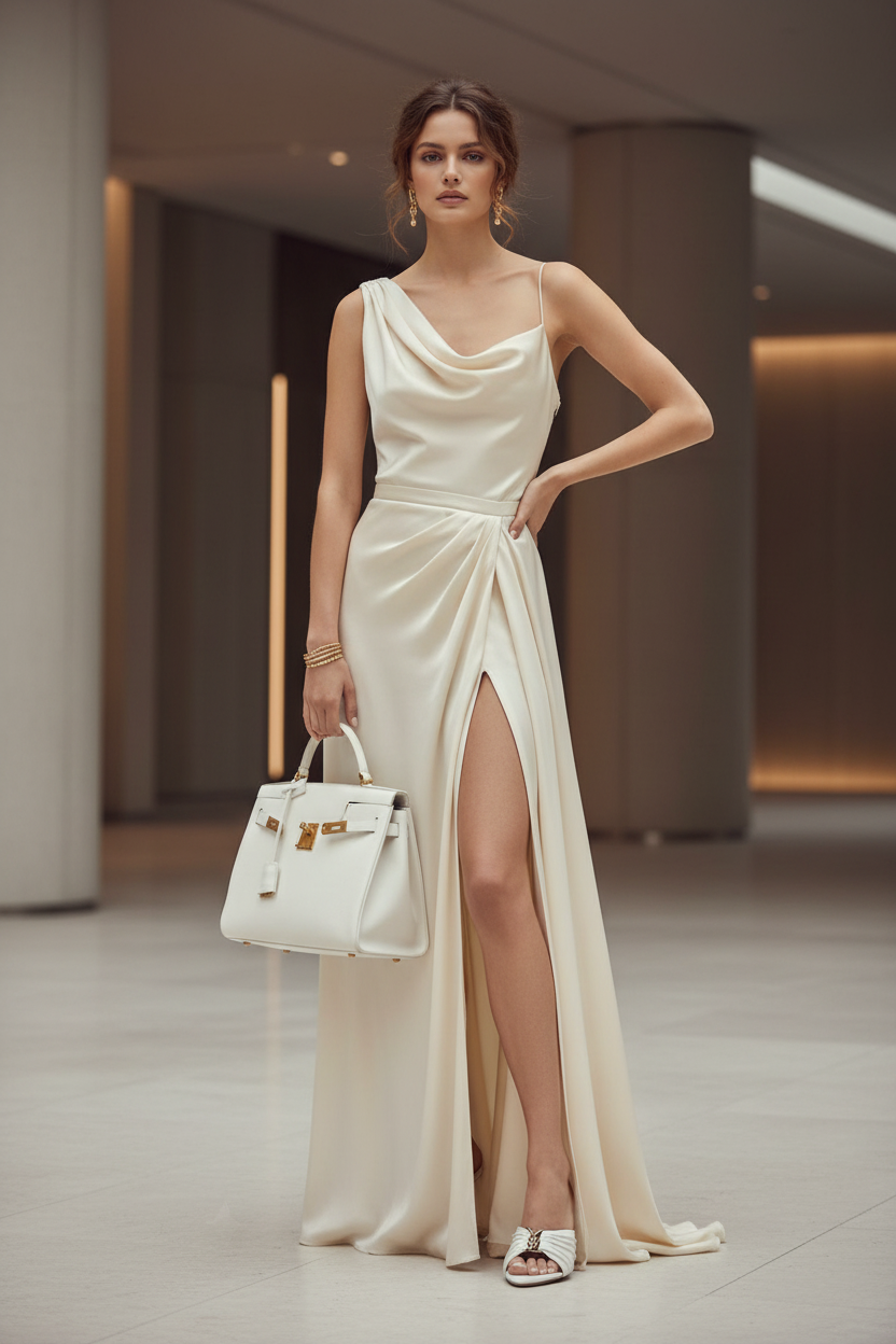 Saint Laurent Babylone stiletto mules, crafted from white gathered leather and highlighted with a gold-tone
