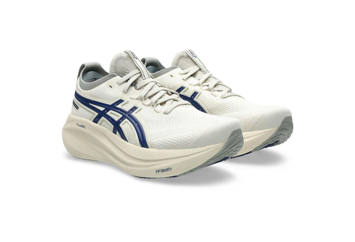 ASICS GEL-NIMBUS 27 ATC running shoes in the "Birch/Indigo Blue"